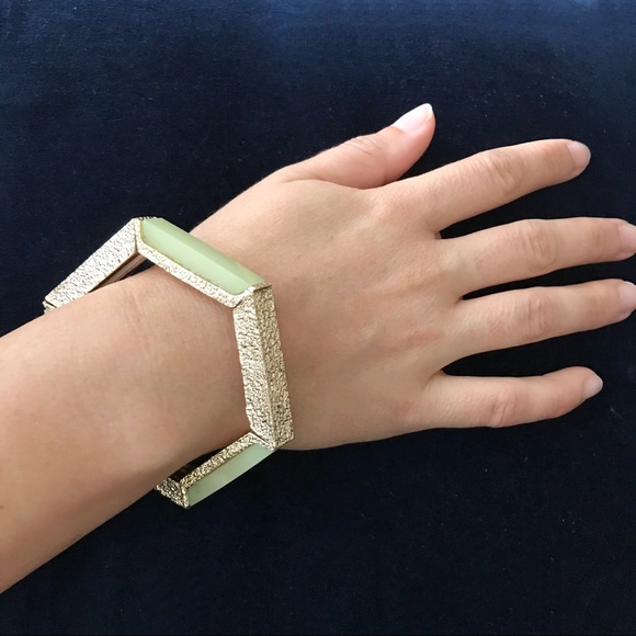 Geometric Stretch Bangles Mint Green Gold - Picture 7 of 8